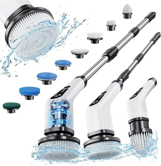 Leebein Electric Spin Scrubber, Cordless Cleaning Brush with 8 Replaceable Brush Heads, Tub and Floor Tile 360 Power Scrubber Dual Speed with Adjustable & Detachable Handle for Bathroom Kitchen Car
