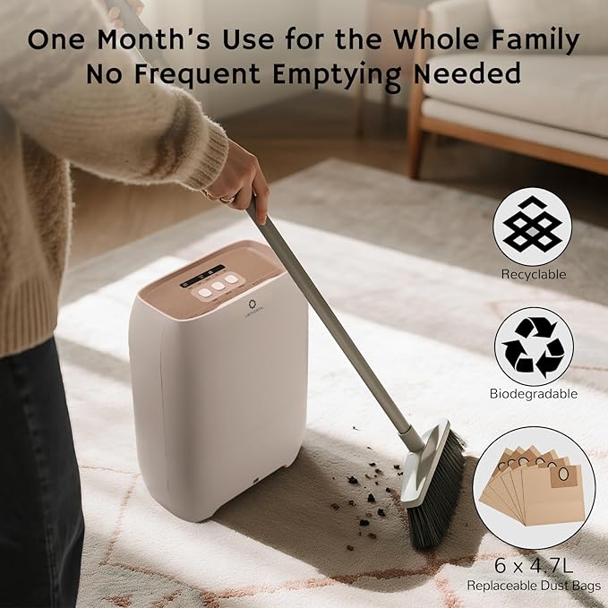 AIRTHEREAL T1 Plus Touchless Vacuum with 6-Pack Disposable 4.7L Dust Bags, Pull-and-Toss Design, Ideal Electric Dustpan for Home, Household Owner