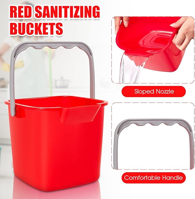 Irenare 12 Pcs Sanitizing Bucket 3 Quart Cleaning Pail Small Detergent Square, Spout and Handle Plastic Utility Sanitizer Buckets for Restaurant Kitchen Home Offices (Red)