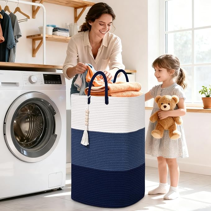 Woven Laundry Basket for Clothes,100 L Large Rectangle Laundry Hampers with Beads Tassel, Nursery Storage Basket for Toys, Tall Dirty Clothes Hamper for Bedroom Aesthetic, Laundry Room Organization