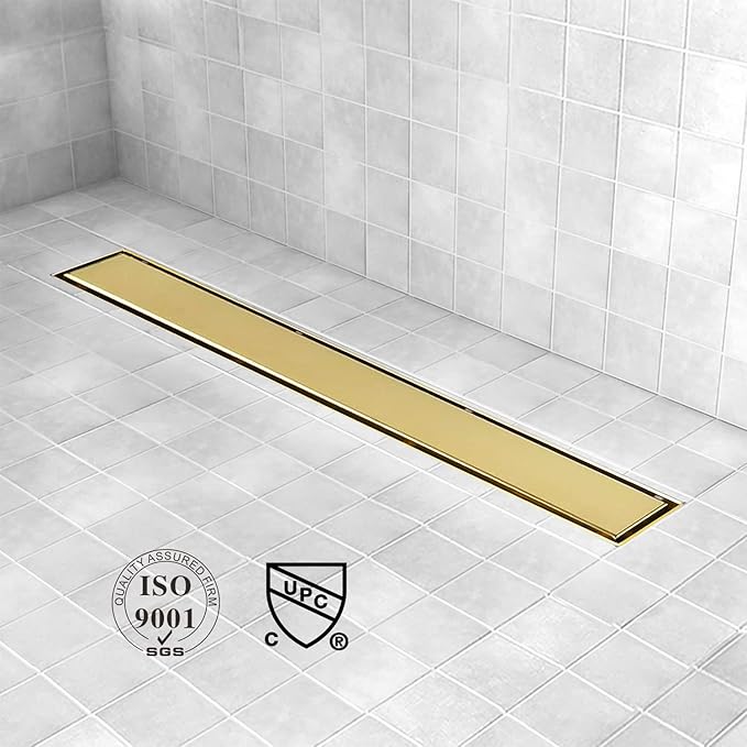Linear Shower Drain, 36 inch Gold Drain with Tile Insert 2-in-1 Panel, Brushed 304 Stainless Steel Gold Shower Floor Drain, Linear Drain with Hair Strainer and Adjustable Feet