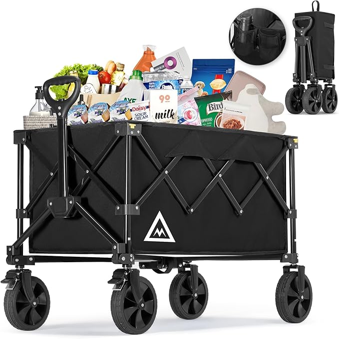 Wagon Cart Shopping Foldable Folding Collapsible with Wheels Big On Beach Garden Outdoor Grocery Heavy Duty Utility All Terrain Portable Wagons Carts for Groceries Sand Camping Sports Black