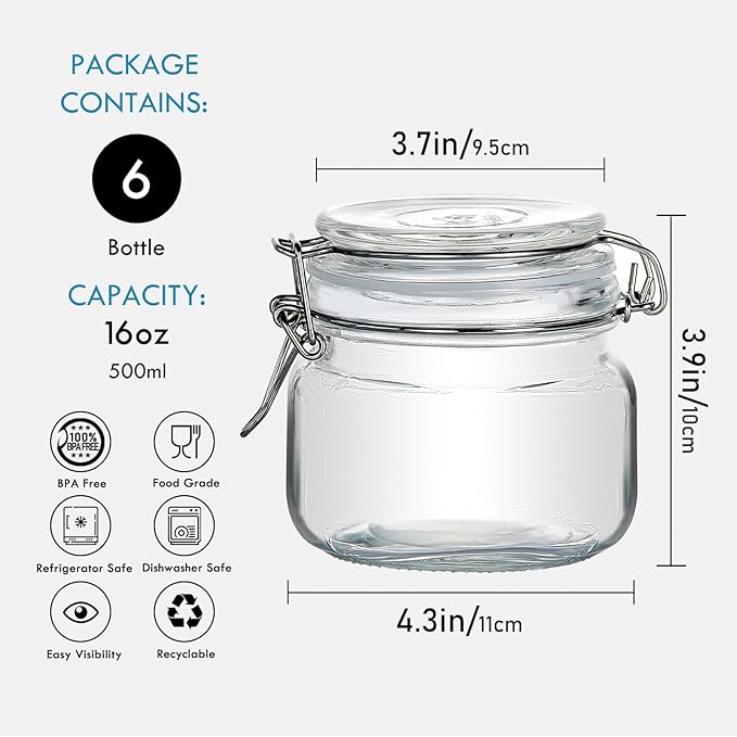 YEBODA 16oz Food Storage Canister Glass Jars with Clamp Airtight Lids and Silicone Gaskets for Multi-Purpose Kitchen Containers - Clear Square (6 Pack)