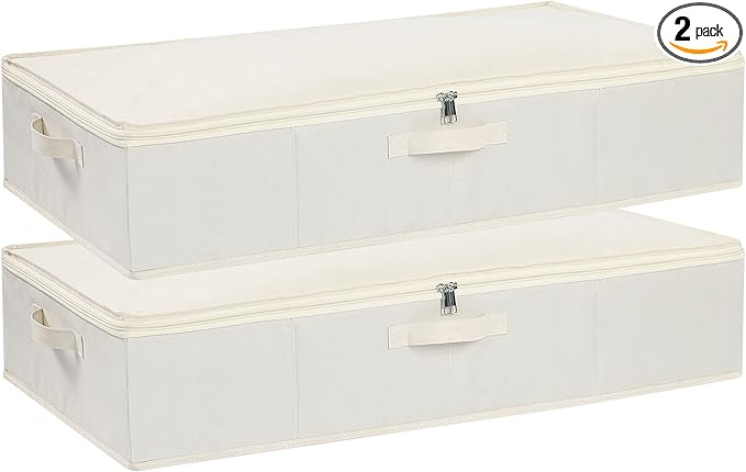 Underbed Storage Box, Clothes Organizer With Sturdy Structure and Reinforced Handles for Blanket, Sheets, Pillows, Towels, Shoes, Beige, 2 Pack, 31.5 x 15.7 x 5.9 Inch