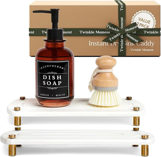 2PCS Water Absorbing Stone Soap Tray for Kitchen Bathroom Sink, Quick Dry Diatomaceous Earth Drying Rack and Shower Caddy, Soap Dispenser and Sponge Holder Organizer for Countertop, TWINKLE MOMENT; Pure White