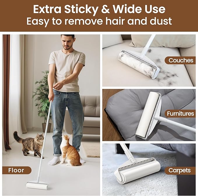 Large Floor Lint Roller Long Handle, 9.45" Wide Super Sticky Pet Hair Lint Remover for Floors Carpet Furniture, 4 Refills 360 Sheets Value Pack,Extendable Handle(18"- 45") – for Dog Cat Owners Homes