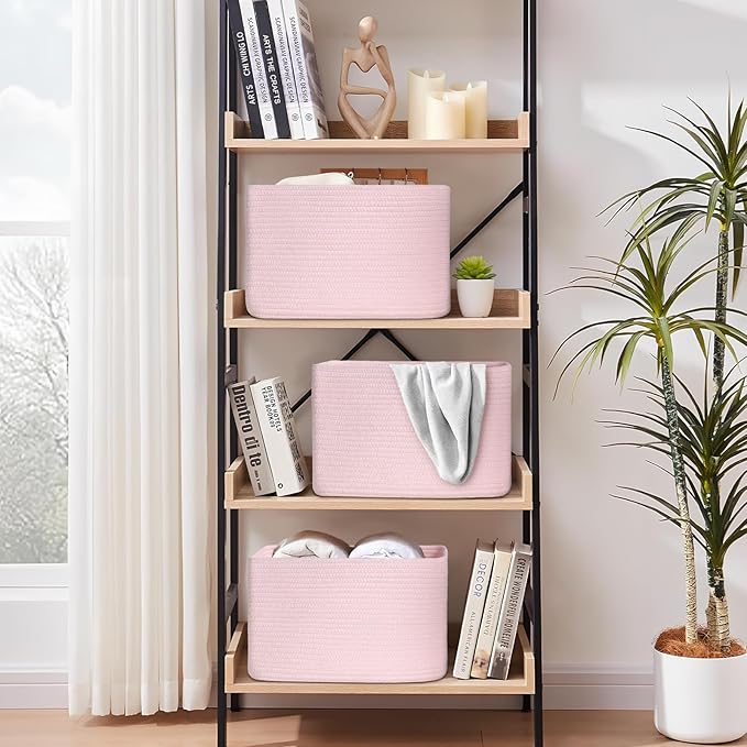 Woven Storage Baskets, Pink Baskets for Organizing, 3 Pack Woven Basket for Storage, Decorative Storage Bins Baskets for Shelves, Towel, Toy, Book, Closet, Baby 14.96"×9.8"×8.85"