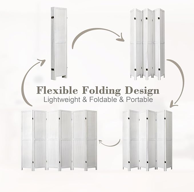 WelFurGeer 6 Panel Room Divider Screen - 360° Adjustable Folding Panels for Privacy, Bedroom, Living Room & Patio, Handcrafted Decorative Room Divider, Freestanding Divider for Room Separation (White)