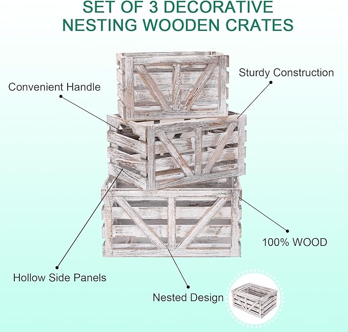 Storage Crate Nesting Wooden Crates with Handles,Set of 3 Rustic Farmhouse Decorative Wood Baskets for Storage,Display,Decor Boxes,(Large,Medium,Small)