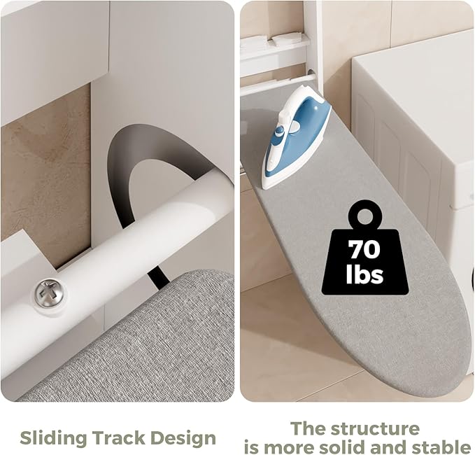 Wall Mounted Ironing Board Cabinet with Storage, Foldable Wall Ironing Board with Sliding Door, Wall Mount Space Saving Ironing Station for Laundry Room, Living Room, Entrance