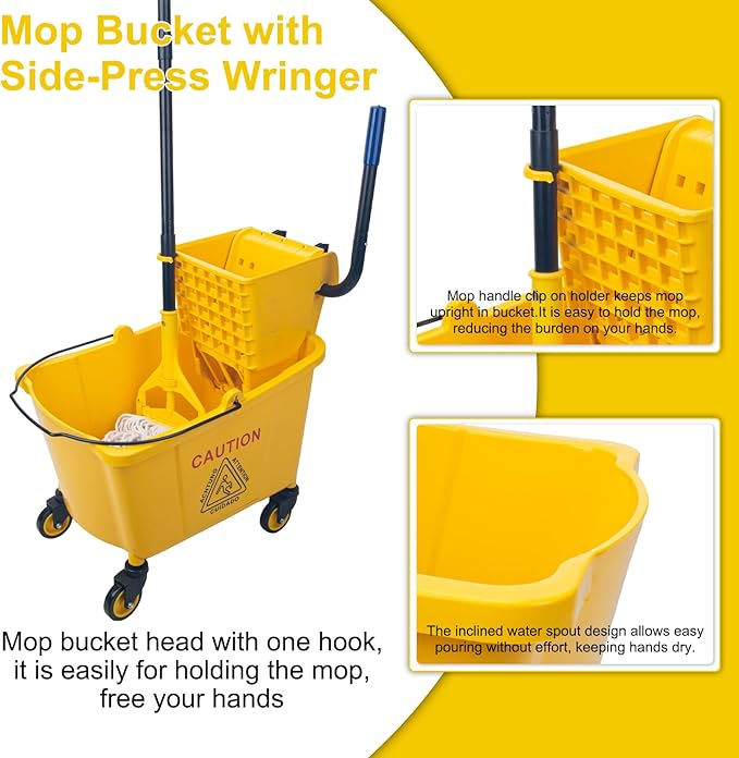KeFanta 35 Quart Commercial Mop Bucket with Side Press Wringer on Wheels,Yellow,Include Heavy Duty Industrial Mop for Floor Cleaning,Household,Business,Restaurants and Janitorial Use