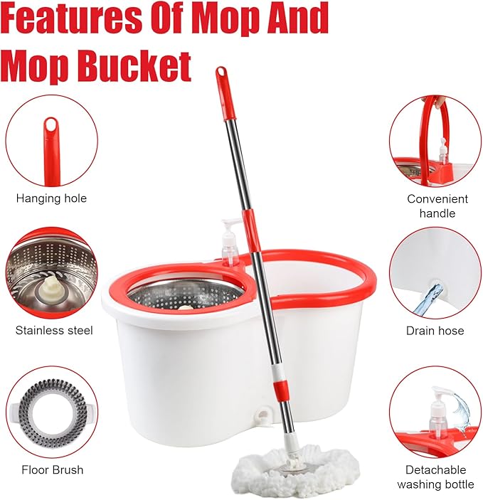 Spin Mop and Bucket with Wringer Set, 360° Spinning Mop Bucket System with 6 Microfiber Mop Replacement Heads and 61" Stainless Steel Adjustable Handle for Floor Cleaning (20QT)