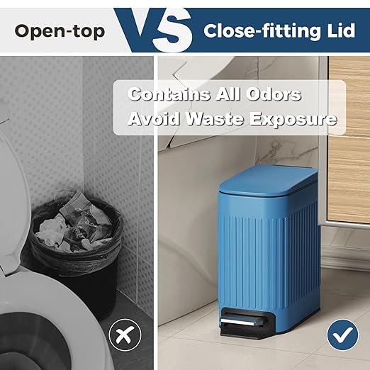 TrashAid Slim Bathroom Trash Can with Lid Soft Close, 6 Liter/1.6 Gallon Stainless Steel Small Garbage Can with Removable Inner Bucket, Step Pedal, Slim Wastebasket for Toilet, Office, Bedroom, Blue