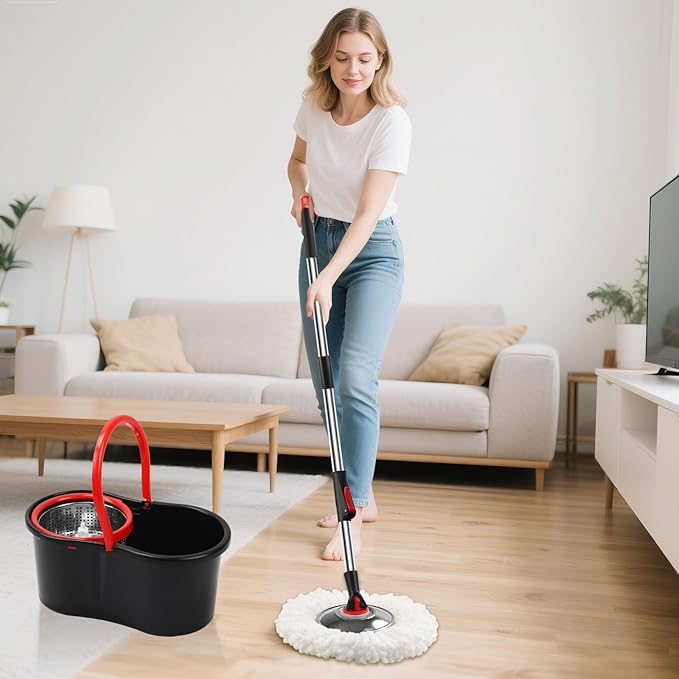 Spin Mop and Bucket with Wringer Set, 360° Spinning Mop Bucket System with 3 Microfiber Mop Replacement Heads and 51" Stainless Steel Adjustable Handle for Floor Cleaning (15QT)
