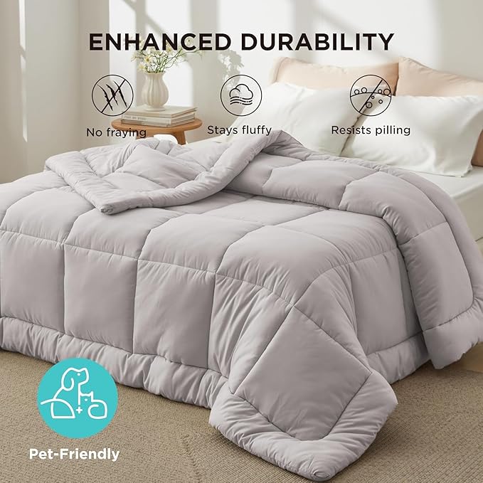 Bedsure Comforter Duvet Insert - Quilted Comforters Alaskan King, All Season Duvet, GentleSoft Down Alternative Bedding, with 8 Tabs, Gifts for Women/Men, Light Grey,Alaskan King 130x120 Inch