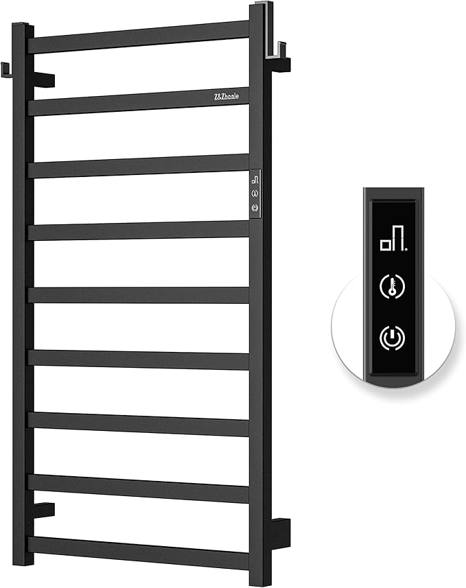 Z&Zhanle Heated Towel Racks for Bathroom, 9-Bar Towel Warmer Rack for Bathroom, Wall Mounted Towel Warmer, Electric Towel Drying Rack with Timer, Carbon Steel Matte Black, Plug-in/Hard-Wired