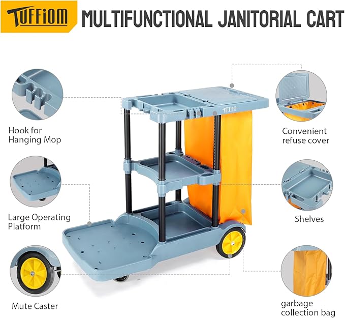TUFFIOM Commercial Traditional Cleaning Janitorial 3-Shelf Cart, 500 Lbs Capacity Housekeeping Cart, 42.5" L x 18.7" W x 37.6" H, Wheeled with 22 Gallon Yellow Vinyl Bag and Cover w lid, Blue