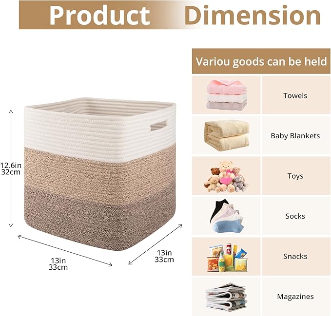 OIAHOMY 13 Kallax Inch Cube Storage Bins, 3-Pack Cotton Rope Woven Baskets for Organizing, Kallax Insert Storage Baskets for Shelves, Baby Nursery, Closet Organizer, 13*13*12.6IN, Gradient Brown