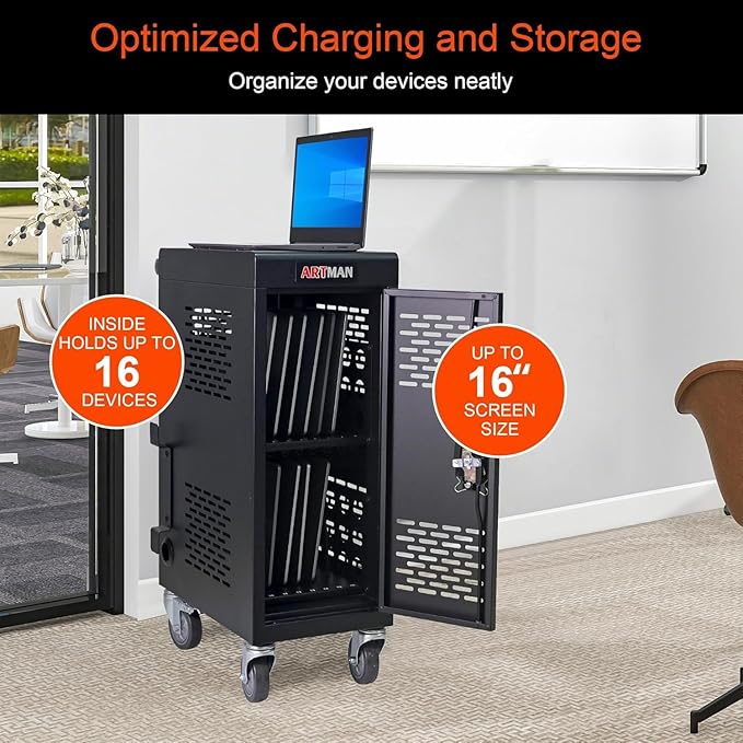 16 Devices Laptop Charging Cart,Tablet Storage Carts for pad Up to 16.3" Screen Size, Classroom Computer Mobile Charging Station for Pads, Chromebooks,Laptops, Security Storage(16 Bay-Black)
