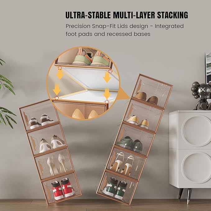 X-Large Stackable Shoe Boxes - Clear Plastic Shoe Storage Boxes with Magnetic Door, Thicken Shoe Organizer for Closet, Space Saving Foldable Shoe Containers Bins for Sneaker Boot - 8 Pack(Brown)