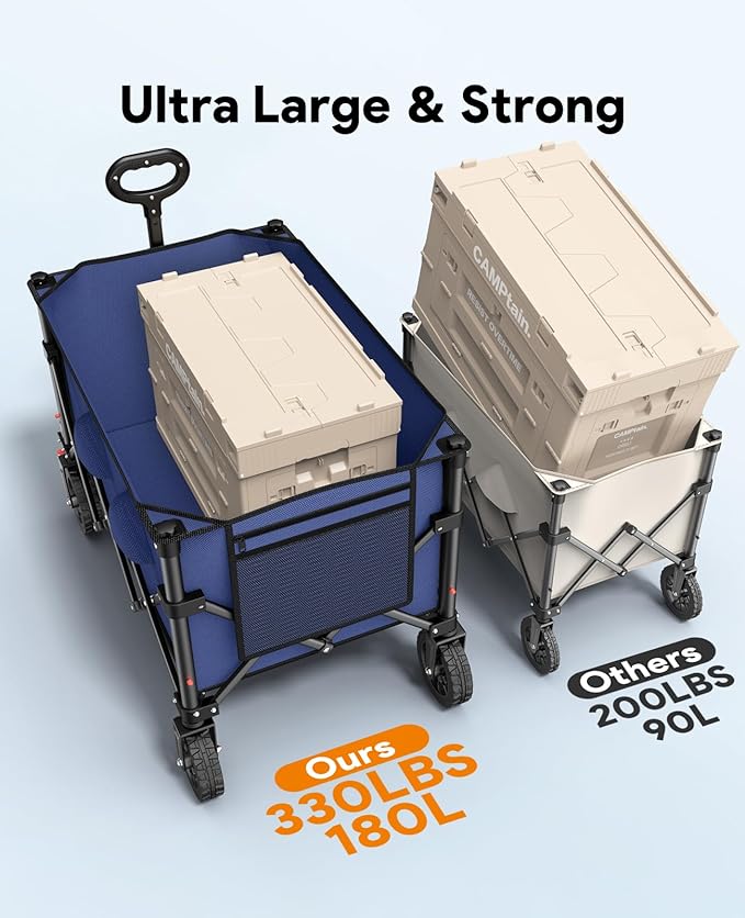 Wagon Carts Foldable, 180L Collapsible Foldable Wagon with 330lbs Weight Capacity, Heavy Duty Utility Cart with Drink Holders and Brakes for Beach Camping Shopping Sports Wheelbarrows, Blue