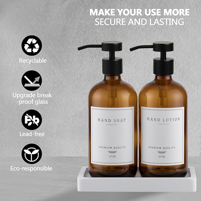 Amber Glass Soap Dispenser - Dish Hand Soap Dispenser for Kitchen, Bathroom Soap Lotion Dispenser with Pump, Refillable Liquid Soap Pump Dispenser Set with Tray, Amber Bottle/Black Pump-pd