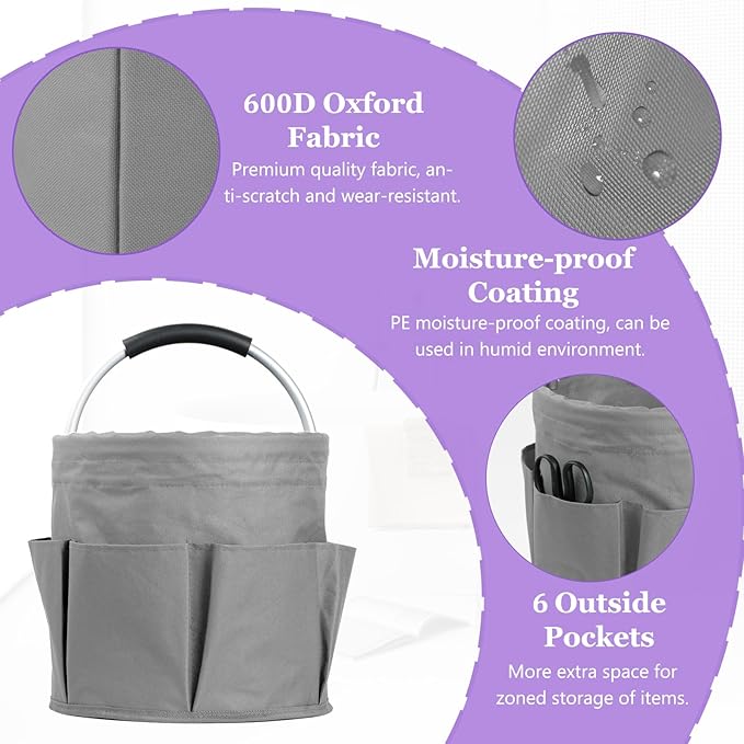 17L Collapsible Cleaning Caddy with Handle, Foldable Cleaning Supply Caddy, Bucket Tool Organizer in 600D Oxford Fabric, Multifunctional Storage Basket for Cleaning, Traveling, Dark Gray