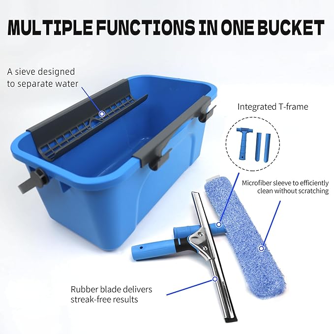 Squeegee with Shelf Storage for Window Cleaning,Window Cleaning Squeegee kit with Bucket&Microfiber Scrubber,Bathroom,Shower Doors,Mirrors,Tiles,and Car Windows Blue