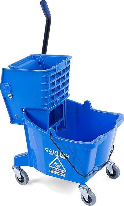 Carlisle FoodService Products 26-Quart Commercial Mop Bucket with Side-Press Wringer, Precision-Molded Polypropylene, Durable Wringer, Bucket with Non-Marking Casters, 18.5 x 16.5 x 23 Inches, Blue
