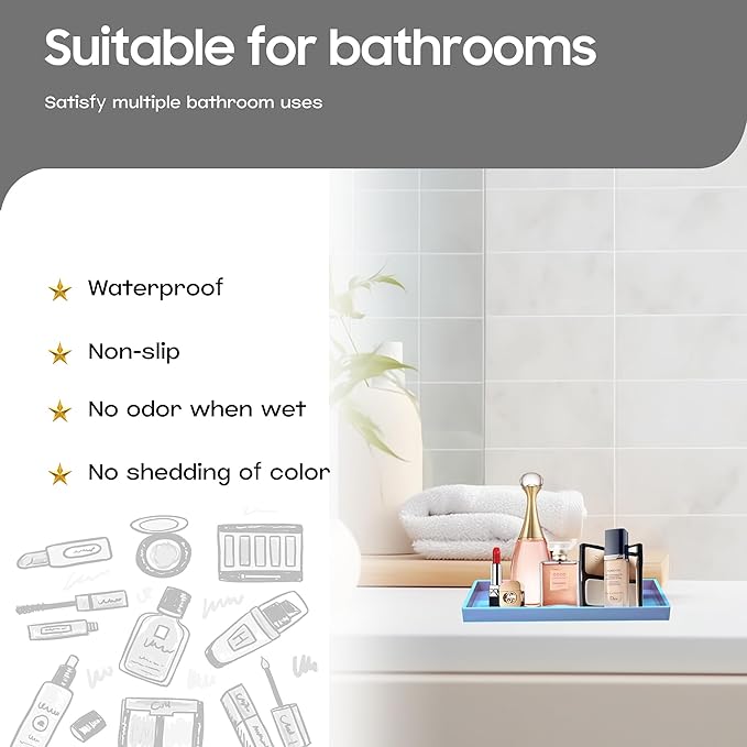 Vanity and Bathroom Tray, 7.7" ABS Countertop Organizer,Waterproof Vanity Tray for Toilet Tank,Perfume,Soap,Keys,Bathroom Accessories,Kitchen and Bath Trays,Non Slip Small Trays,Blue,2 Pack
