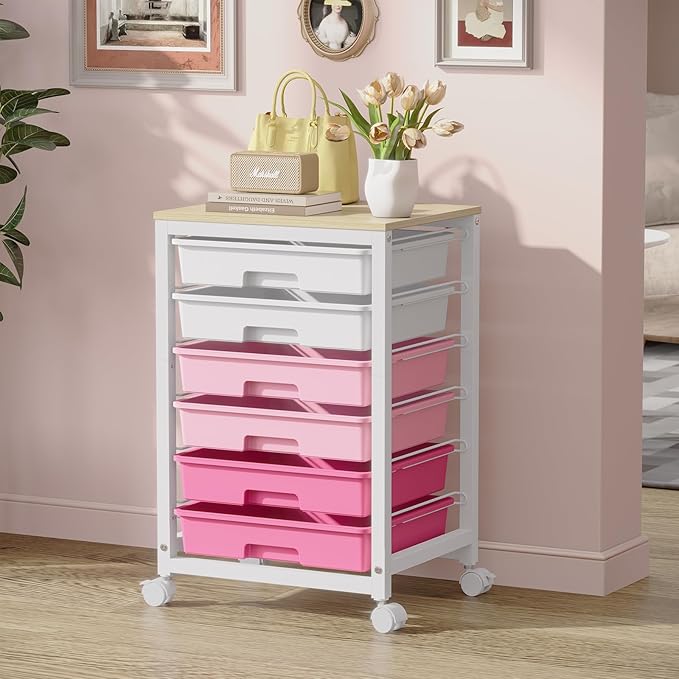 Utility Cart With 6 Drawers and Wooden Tabletop, Storage Cart on Wheels for Office, Classroom, Bathroom, Bedroom - Pink