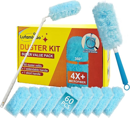 Thickened 60ct 360° Heavy Duty Duster Refills Kit for Swiffer Duster, 4X Dust Capture Power, Multisurface Disposable Dusters for Cleaning Home & Office, 1 3ft Extended & 1 Short Handle