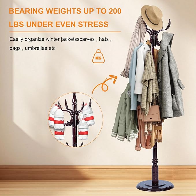 Wooden Coat Rack Stand, 72" Birch Coat Rack Freestanding, Adjustable Height, Coat Tree for Home Bedroom Office Hallway Entryway (Phoenix wooden hook)