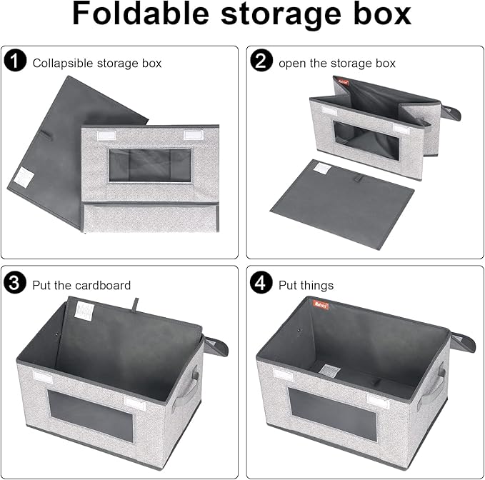 Univivi [4-Pack Fabric Storage Boxes Collapsible Storage Bins with Lids and Handles Cube Organizer Basket for Home, Closet, Bedroom (Gray, 14.4''x10''x8.3'')