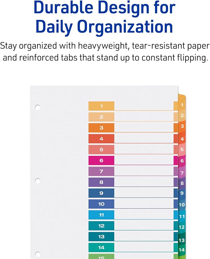 Avery Dividers for 3 Ring Binders, 15 Tabs per Set, Customizable Table of Contents, Multicolor Tabs, Great for Organizing Reports, Projects, and More (3 Sets of 11074)