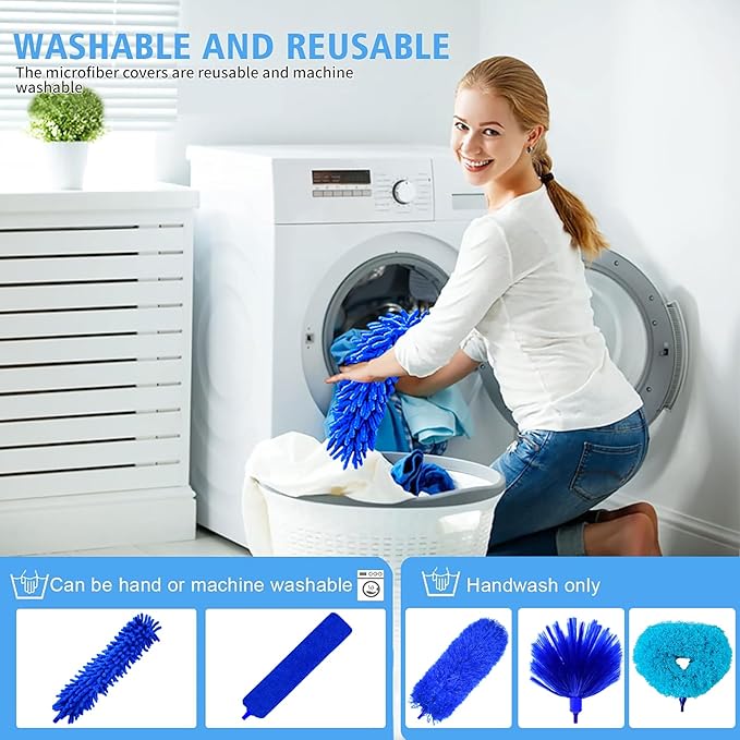 Ceiling Fan Cleaner Dusters for Cleaning 6-in-1 Kit, Cobweb Duster with Extension Pole, 100 Inches High Ceiling Fan Blade Cleaners with 5 Reuseable Dusting Heads for Windows and Blinds- Blue