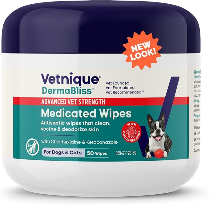 Vetnique Dermabliss Advanced Strength Medicated Antibacterial Wipes for Dogs with Chlorhexidine for Infections, Irritation & Redness Relief