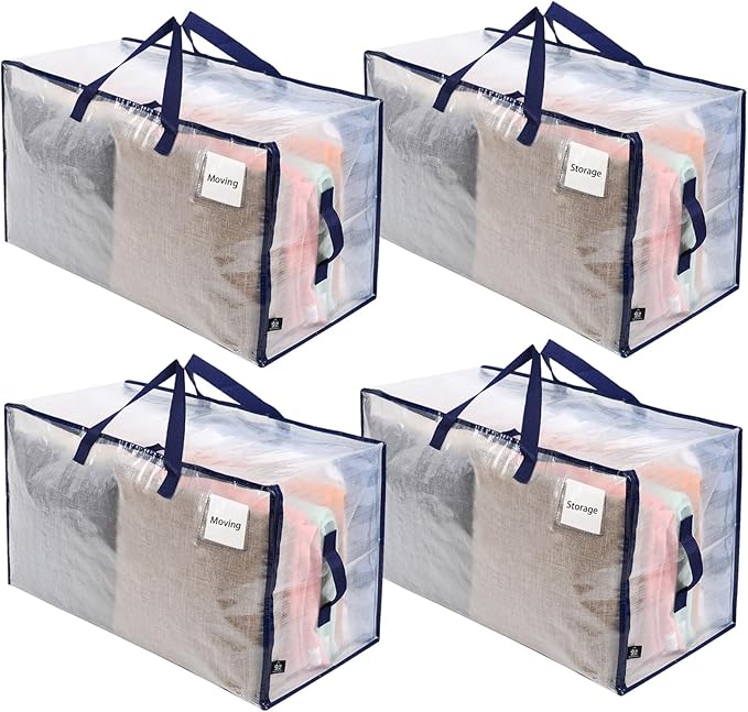 VENO 4 Pack Moving and Storage Bags, Heavy Duty, Alternative to Moving Boxes, Large Packing Totes Supplies for College Dorm Room with Zipper for Clothes, Wide Open Design (Clear, 4 Pack)