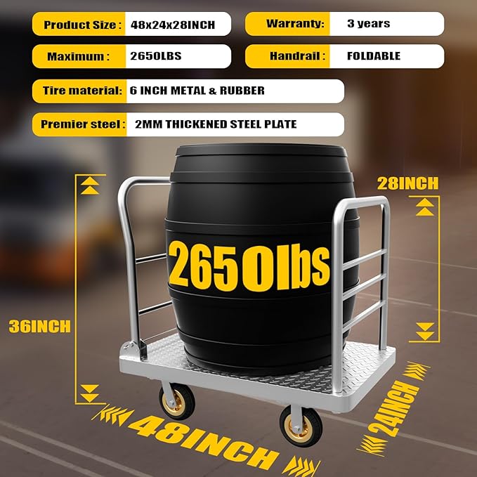 2IN1 48"×24" Platform Truck Cart 2650lbs Heavy Duty Flatbed Cart Dolly w/Detachable Rear Guardrail and Swivel Casters, Push Cart, Work Gloves 2Pairs & 1 Bunge Cord Included