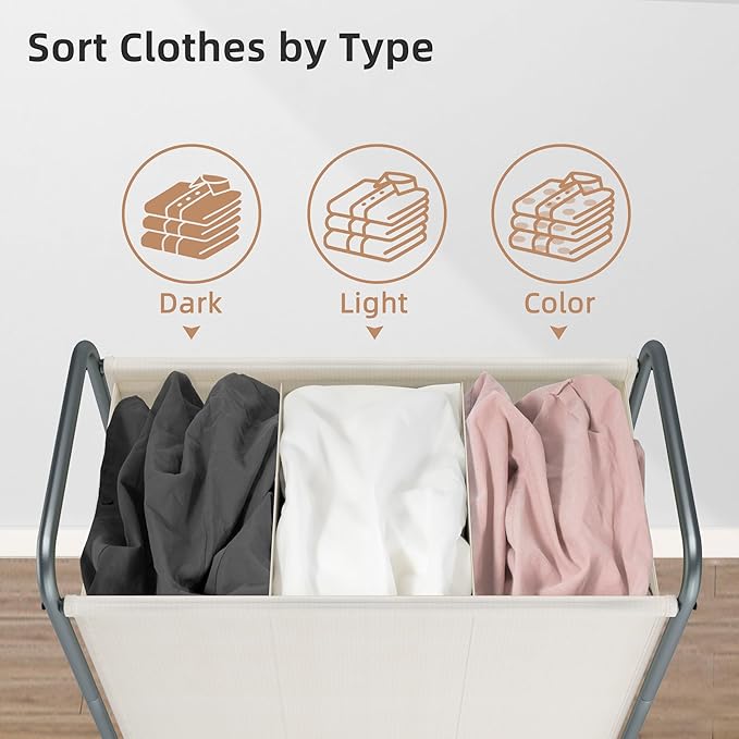 STORAGE MANIAC Rolling Laundry Hamper, 165L Laundry Basket with Lockable Wheels, Triple Clothes Sorter Cart, 3 Bag Clothes Separator Hamper for Closet, Bathroom, Laundrys Room, 3 Section Beige