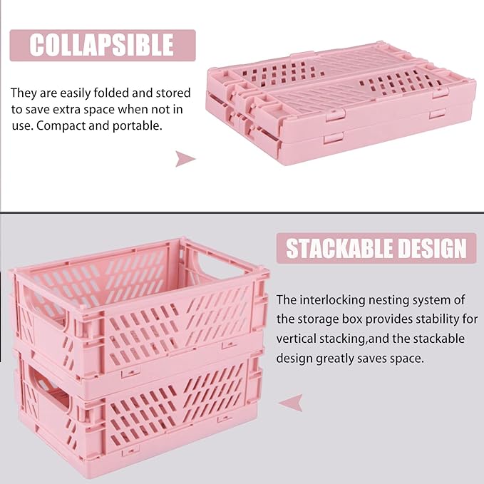 Tixill 2-Pack Mini Foldable Plastic Baskets for Organizing and Storage, Collapsible Storage Crate for Home Kitchen Bedroom Bathroom Office (9.8x6.5x3.8, Pink)