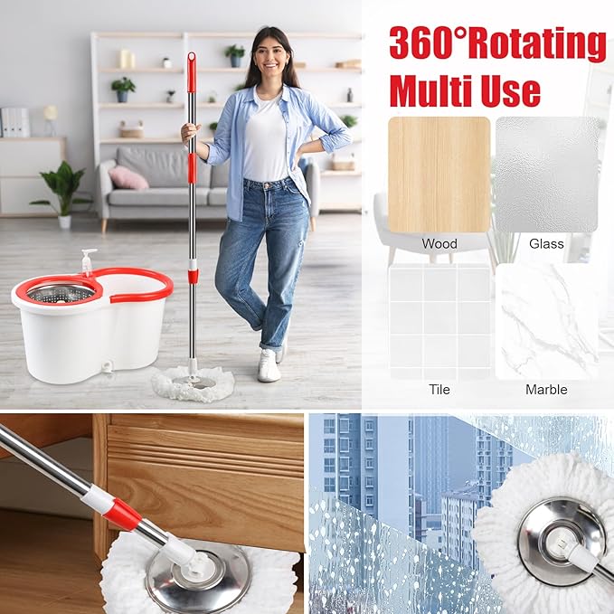 Spin Mop and Bucket with Wringer Set, 360° Spinning Mop Bucket System with 6 Microfiber Mop Replacement Heads and 61" Stainless Steel Adjustable Handle for Floor Cleaning (20QT)