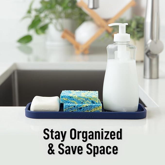 Zulay Kitchen (9x3.5) Silicone Sponge Holder for Kitchen Sink - Flexible Multipurpose Soap Tray - Sink Organizer for Kitchen, Bathroom, Makeup, Trinkets & More (Dark Blue)