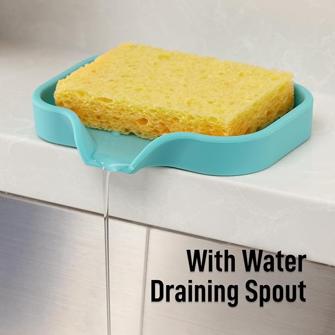 Zulay Kitchen Small Silicone Sponge Holder (4.9x3.3”) – Space-Saving Sink Organizer Tray for Sponge, Soap, Brush & More – Compact Non-Slip Dish for Kitchen & Bathroom (Aqua Sky)