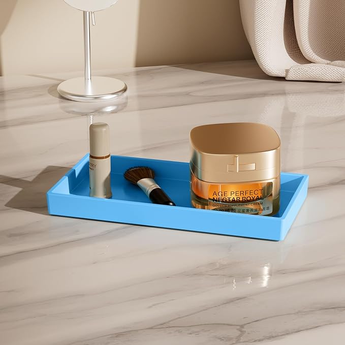 Vanity and Bathroom Tray, 7.7" ABS Countertop Organizer,Waterproof Vanity Tray for Toilet Tank,Perfume,Soap,Keys,Bathroom Accessories,Kitchen and Bath Trays,Non Slip Small Trays,Blue,2 Pack