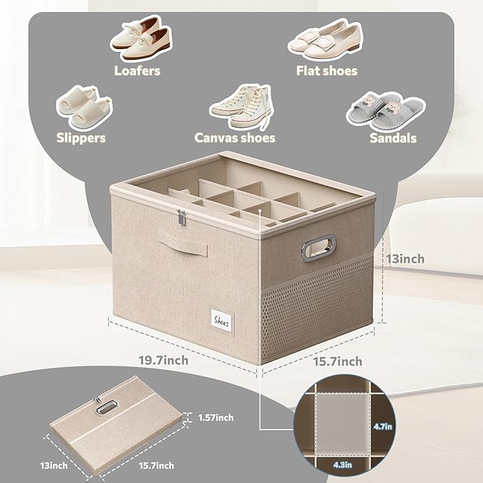 FHSQX Shoe Organizer for Closet,Fits 12 Pair,Shoe Storage Bins with Clear Cover & Adjustable Dividers for Shoes,Shoe Box Storage for Handbags,Blankets,Linen,Clothing (Beige, (19.7 * 15.7 * 13) x1)