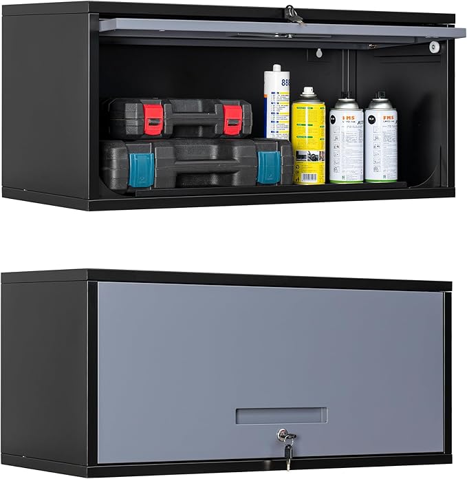 Yizosh Metal Garage Wall Cabinet with Doors, Wall Mounted Metal Storage Cabinet, Floating Garage Tool Cabinet for Garage, Basement, Kitchen, Warehouse (Black Gray, 13.7" H)