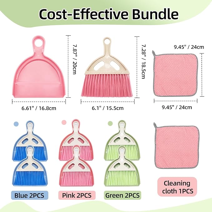 6Pcs Small Dust Pan and Brush Set with Cleaning Cloth - Blue & Green & Pink Brooms, Mini Hand Broom and Dustpan Set Whisk Dustpan Brush Kid Broom for Table Desk Car Keyboard