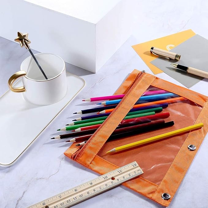 Zippered Pen Pencil Binder Pouch 3 Rings with Clear Window for School Classroom Organizers 8 Pcs (Orange)