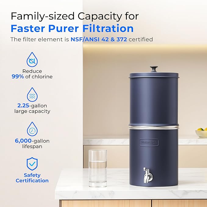 Waterdrop 2.25G Gravity Water Filter System, NSF/ANSI 42&372 Standard, Stainless Steel System with 2 Carbon Filters, Reduces 99% of Lead and Chlorine for Home, Camping, Emergencies, King Tank, Blue